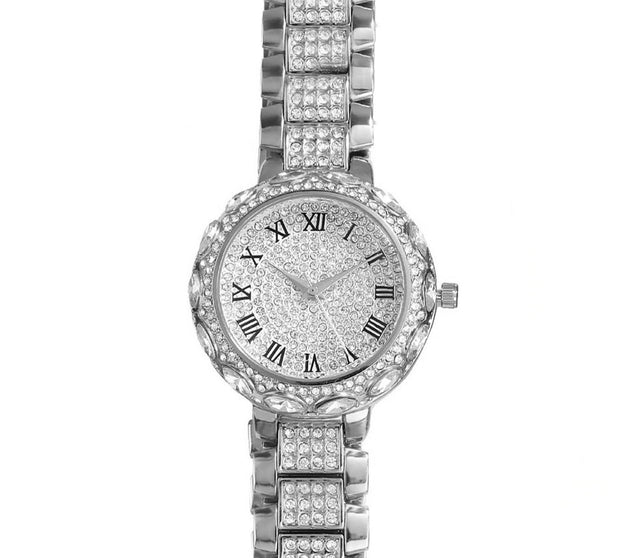 Swiss Inspired Crystal Elements Watch in 14K White Gold Plating