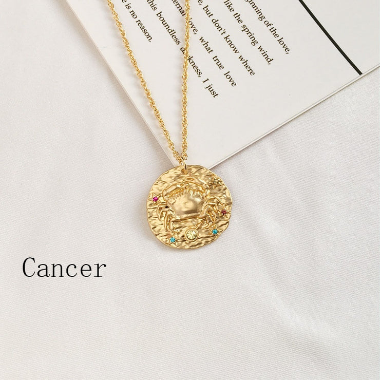 Gold Coin Disk Pendant Zodiac Necklace for Men Women