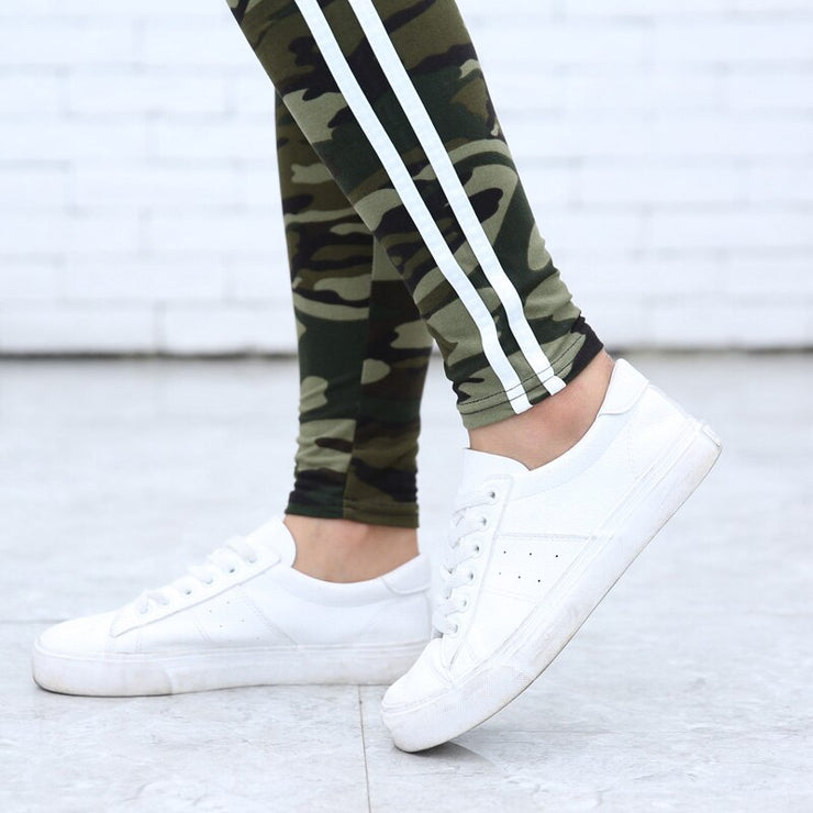 Women Camo Legging Two Side White Stripes Skinny Leggings