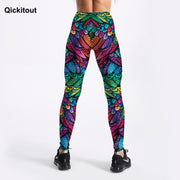 Qickitout Summer New Arriaval Color Feathers 3D Printed Women Sexy Fitness Activewear Elastic Mid Waist Trousers Drop Shipping