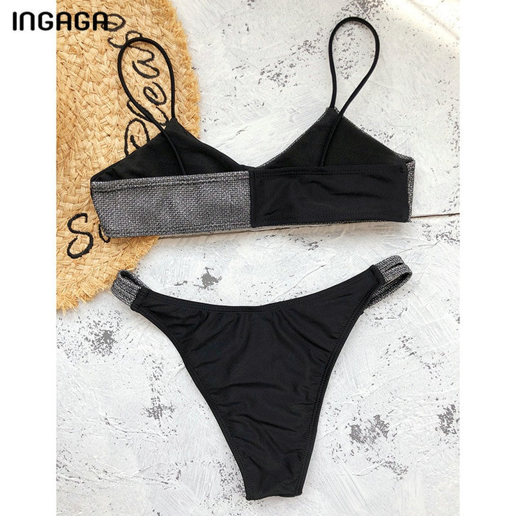 INGAGA Shiny Swimwear Bikini Women's Swimsuits Push Up Biquini High Waist Bikinis High Cut Bathing Suits 2021 New Patchwork