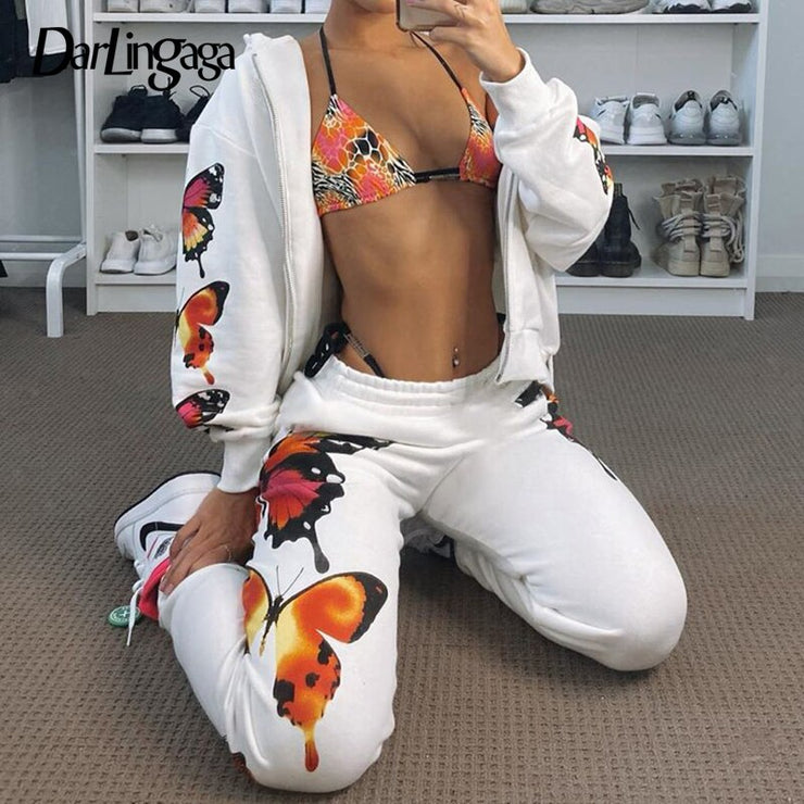 Darlingaga Streetwear Butterfly Print Tracksuit Women Sweatpants Two Piece Set Zipper Hoodie and Pants Matching Sets Outfits New