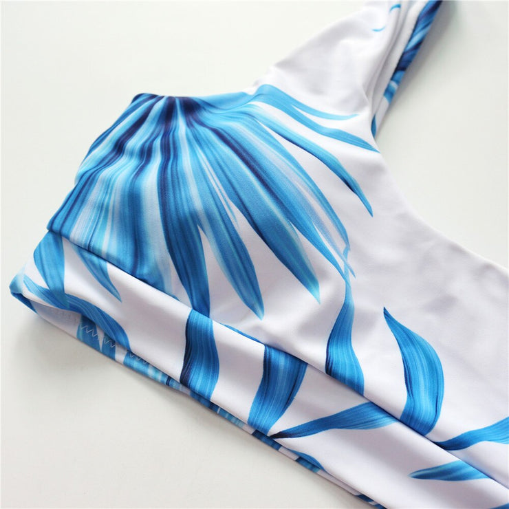 Sexy Scoop Neck White Tropical Palm Leaf High Waist Bikini 2021 Lady Swimwear Women Sport Swimsuit Female Swim Bathing Suit