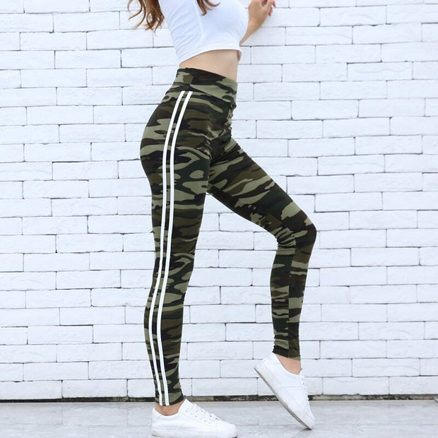 Women Camo Legging Two Side White Stripes Skinny Leggings