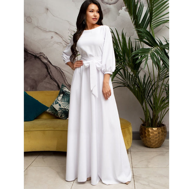 Autumn Women Casual Bow Maxi Sashes Dress