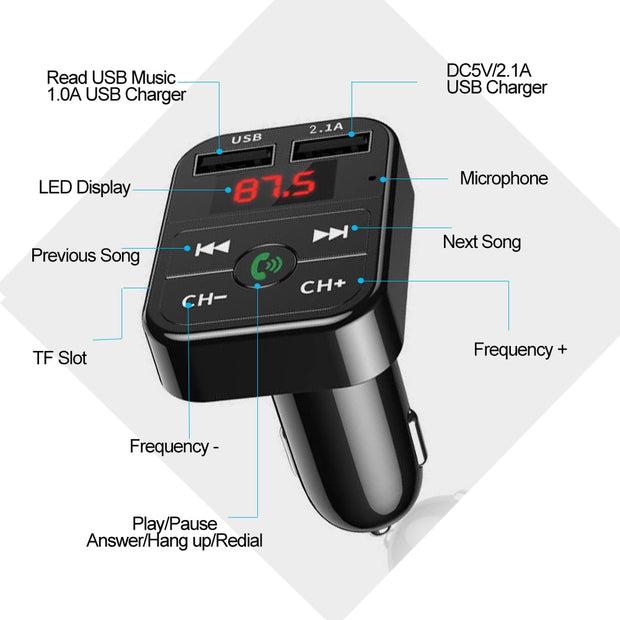 Car Bluetooth 5.0 FM Transmitter Wireless Adapter Mic Audio Receiver Auto MP3 Player 2.1A Dual USB Fast Charger Car Accessories