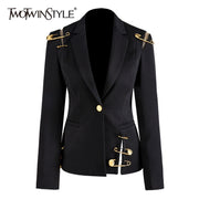 Loose Fit Black Hollow Out Pin Spliced Jacket Blazer New Lapel Long Sleeve Women Coat Fashion Tide Autumn Winter