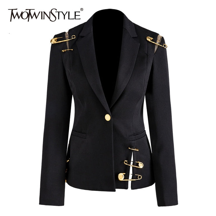 Loose Fit Black Hollow Out Pin Spliced Jacket Blazer New Lapel Long Sleeve Women Coat Fashion Tide Autumn Winter