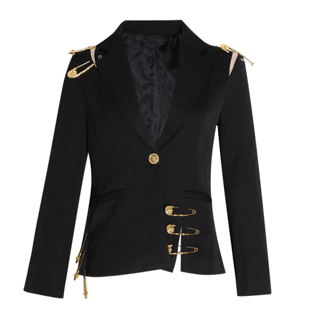 Loose Fit Black Hollow Out Pin Spliced Jacket Blazer New Lapel Long Sleeve Women Coat Fashion Tide Autumn Winter