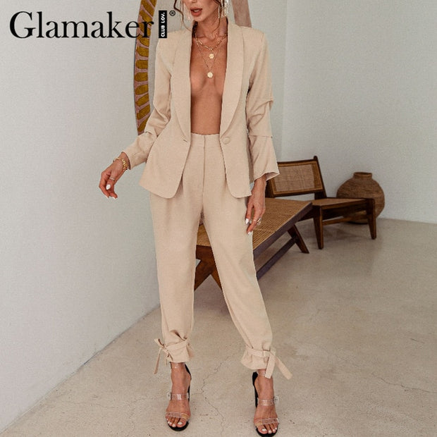 Two piece set sexy blazer suits Women lace up casual top and pants Office ladies fashion streetwear female co ord set