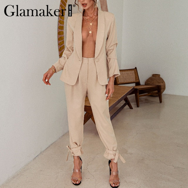 Two piece set sexy blazer suits Women lace up casual top and pants Office ladies fashion streetwear female co ord set