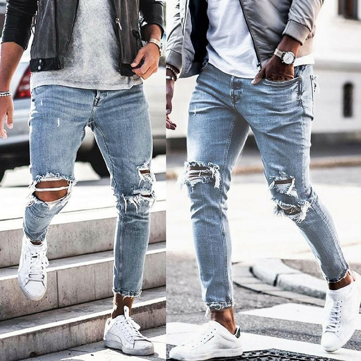 Knee Ripped Skinny Jeans Stretch Denim