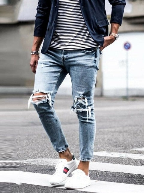 Knee Ripped Skinny Jeans Stretch Denim