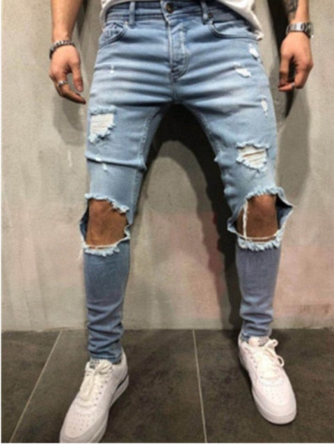 Knee Ripped Skinny Jeans Stretch Denim