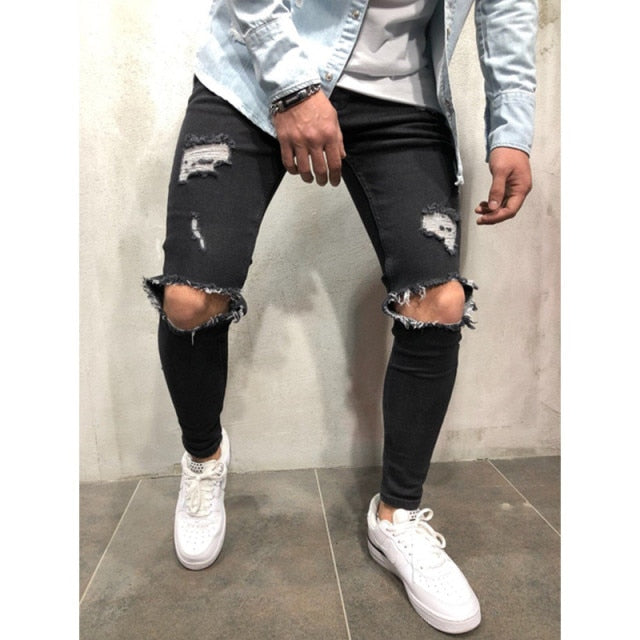 Knee Ripped Skinny Jeans Stretch Denim