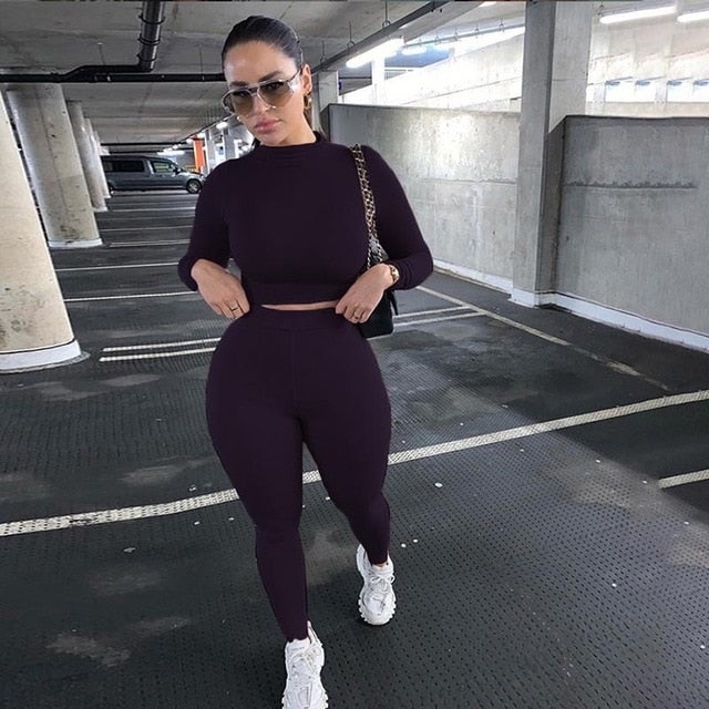 Two Piece Sets Women Solid Autumn Tracksuits High Waist Stretchy Sportswear Hot Crop Tops And Leggings Matching Outfits