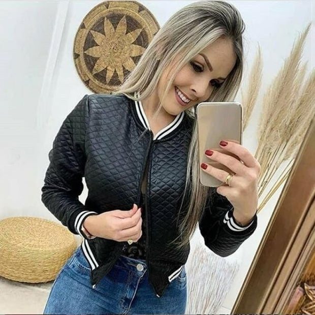 Leisure Fashion Women Jacket O-neck Zipper Stitching Quilted Bomber Jacket