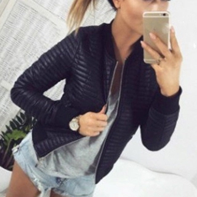 Leisure Fashion Women Jacket O-neck Zipper Stitching Quilted Bomber Jacket