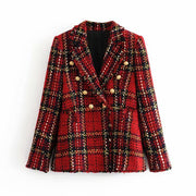 Red Plaid Blazer 2021 Women Spring-Autumn Vintage Tweed Suits Jackets Office Ladies Chic Slim Blazers Girls Tassel Tops Set Coat