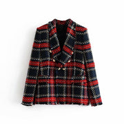 Red Plaid Blazer 2021 Women Spring-Autumn Vintage Tweed Suits Jackets Office Ladies Chic Slim Blazers Girls Tassel Tops Set Coat