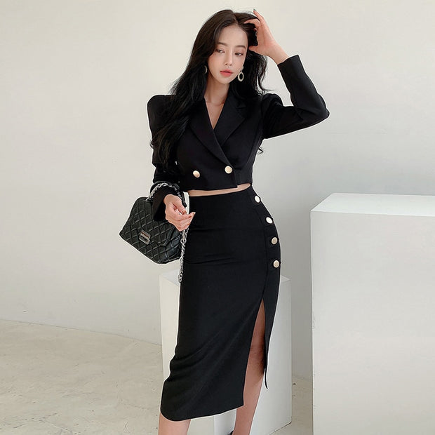 new arrival fashion spring black set women OL professional temperament black short coat and split midi skirt slim skirt suits