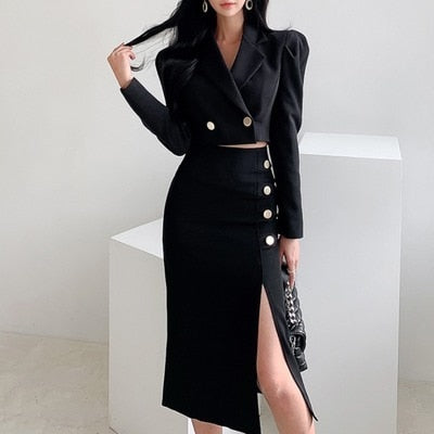 new arrival fashion spring black set women OL professional temperament black short coat and split midi skirt slim skirt suits