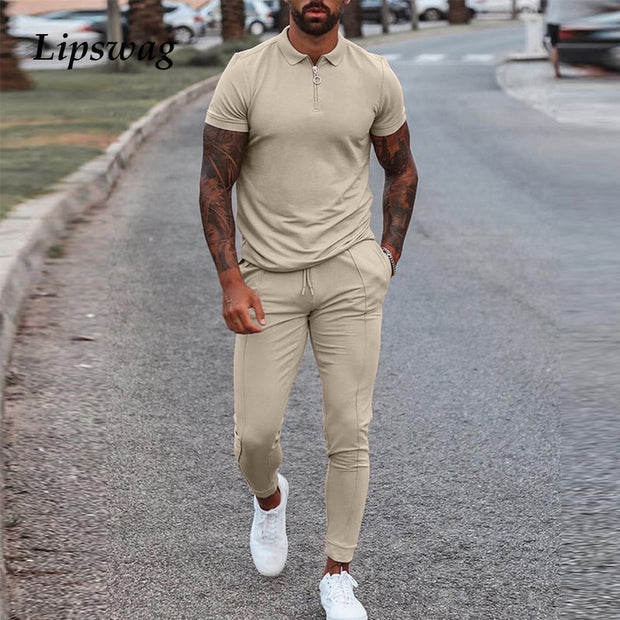 Fashion Solid Mens Clothes 2021 Summer 2 Piece Set Men Turn-down Collar Zipper Tops And Drawstring Pants Outfit Casual Suits 3XL