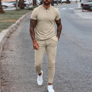 Fashion Solid Mens Clothes 2021 Summer 2 Piece Set Men Turn-down Collar Zipper Tops And Drawstring Pants Outfit Casual Suits 3XL