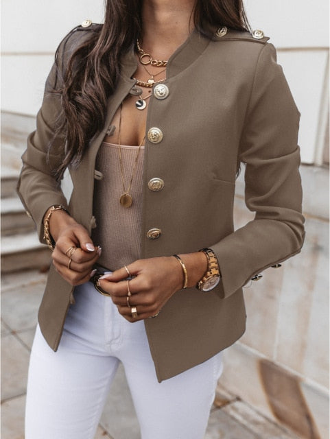 Vintage Blazer Women Office Jacket Streetwear Autumn Button Solid Color Elegant Long Sleeved Slim Breasted Small Blazer Outwear