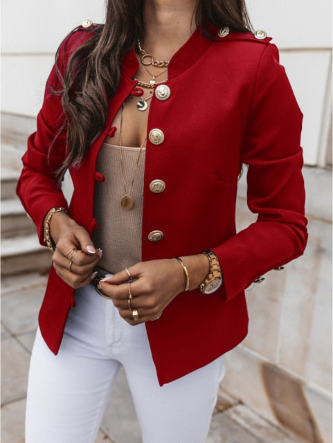 Vintage Blazer Women Office Jacket Streetwear Autumn Button Solid Color Elegant Long Sleeved Slim Breasted Small Blazer Outwear