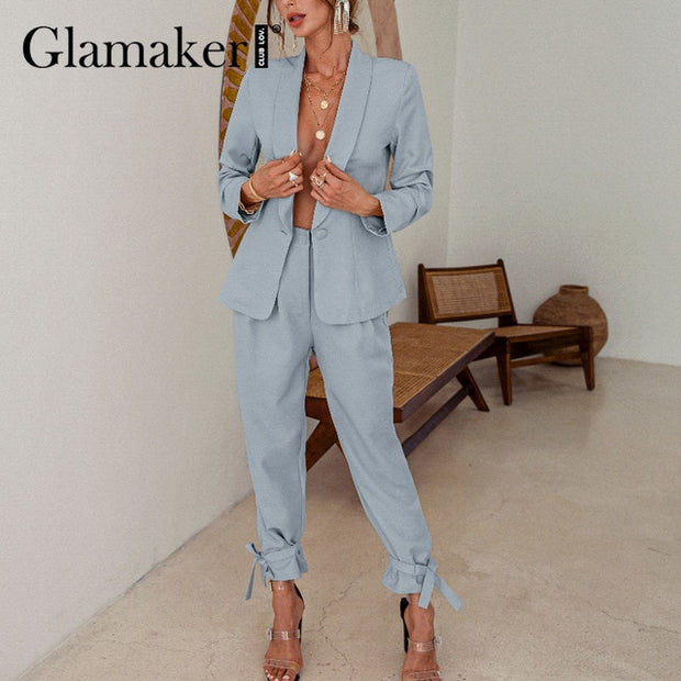 Two piece set sexy blazer suits Women lace up casual top and pants Office ladies fashion streetwear female co ord set