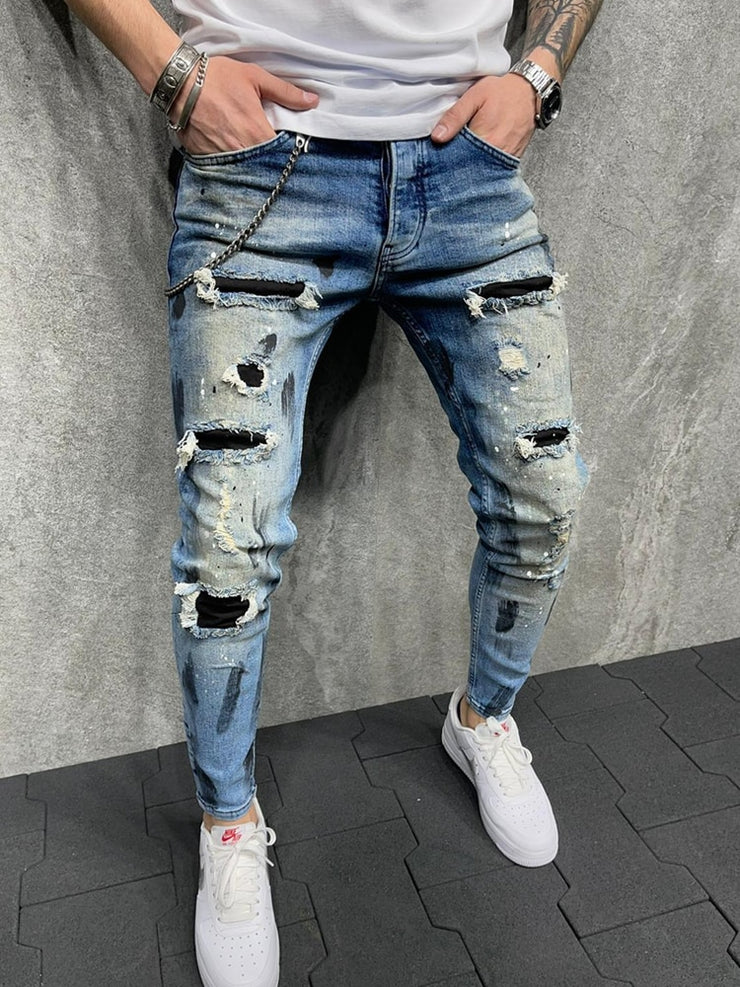 Paint Ripped Biker Jeans