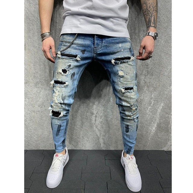 Paint Ripped Biker Jeans