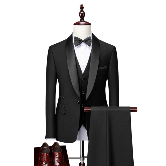 Men Skinny 3 Pieces Set Formal Slim Fit Tuxedo Prom Suit / Male Groom Wedding Blazers High Quality Dress Jacket Coat Pants Vest