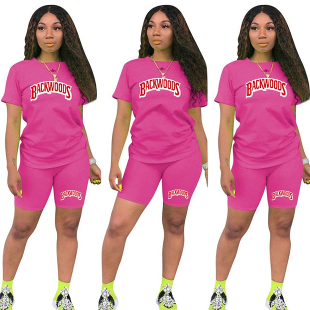 Backwood T Shirts And Shorts Women Two Piec Set Summer Short Sleeve O-neck Casual 2 Piece Joggers Biker Shorts Outfit For Woman