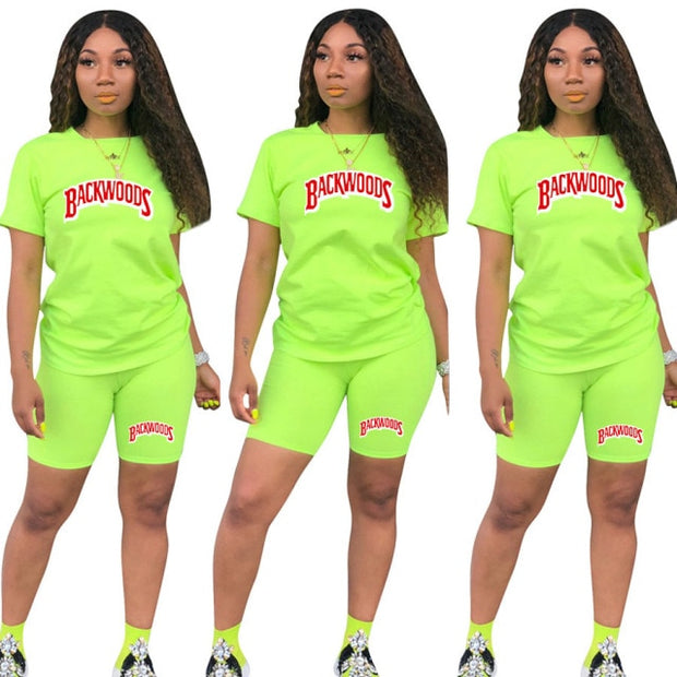 Backwood T Shirts And Shorts Women Two Piec Set Summer Short Sleeve O-neck Casual 2 Piece Joggers Biker Shorts Outfit For Woman