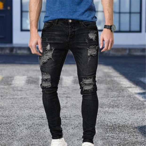 Men's Fashion Jeans Slim Fit Male Ripped Skinny Pants High Quality Stretch Hole Blue Denim Man Clothing Casual Biker Trousers