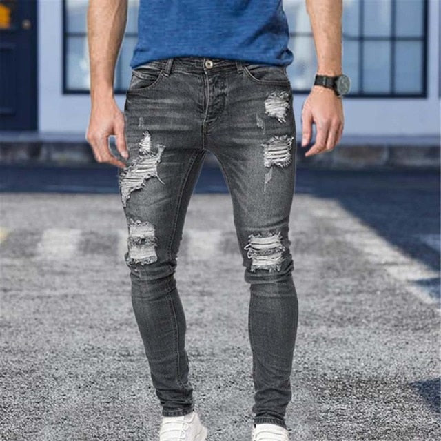 Men's Fashion Jeans Slim Fit Male Ripped Skinny Pants High Quality Stretch Hole Blue Denim Man Clothing Casual Biker Trousers