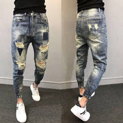 Wholesale 2020 teenagers Social spirit guy ripped pants trendy tiepants leg feet pants ankle length jeans men's slim harem pants