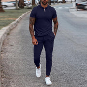 Fashion Solid Mens Clothes 2021 Summer 2 Piece Set Men Turn-down Collar Zipper Tops And Drawstring Pants Outfit Casual Suits 3XL