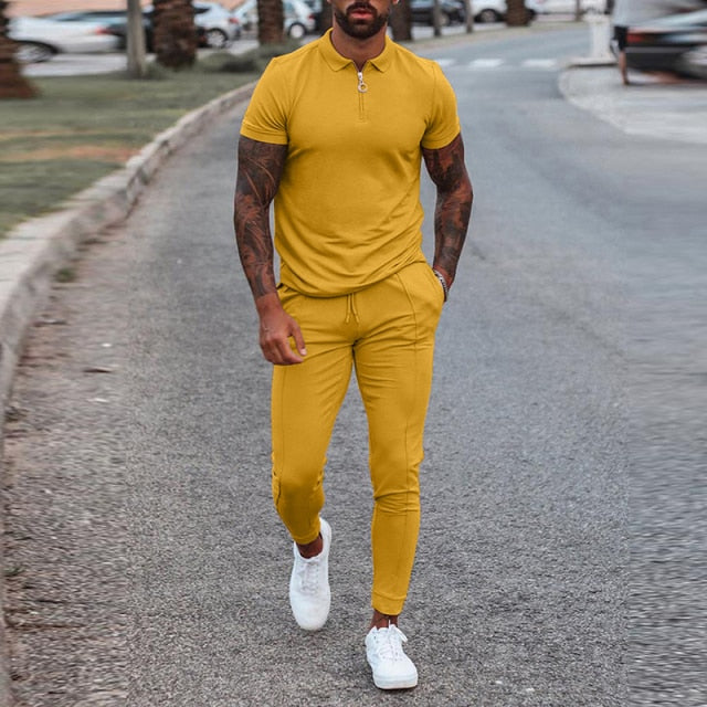 Fashion Solid Mens Clothes 2021 Summer 2 Piece Set Men Turn-down Collar Zipper Tops And Drawstring Pants Outfit Casual Suits 3XL