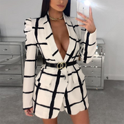 Glamaker Plaid deep v neck sexy blazer women autumn long sleeve white office ladies blazer coat elagent fashion blazer jacket