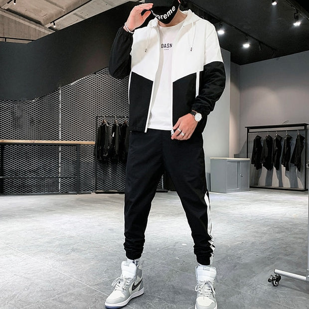 Patchwork Hip Hop Casual Men's Sets 2021 Korean Style 2 Piece Sets Clothes Men Streetwear Fitness Male Tracksuit