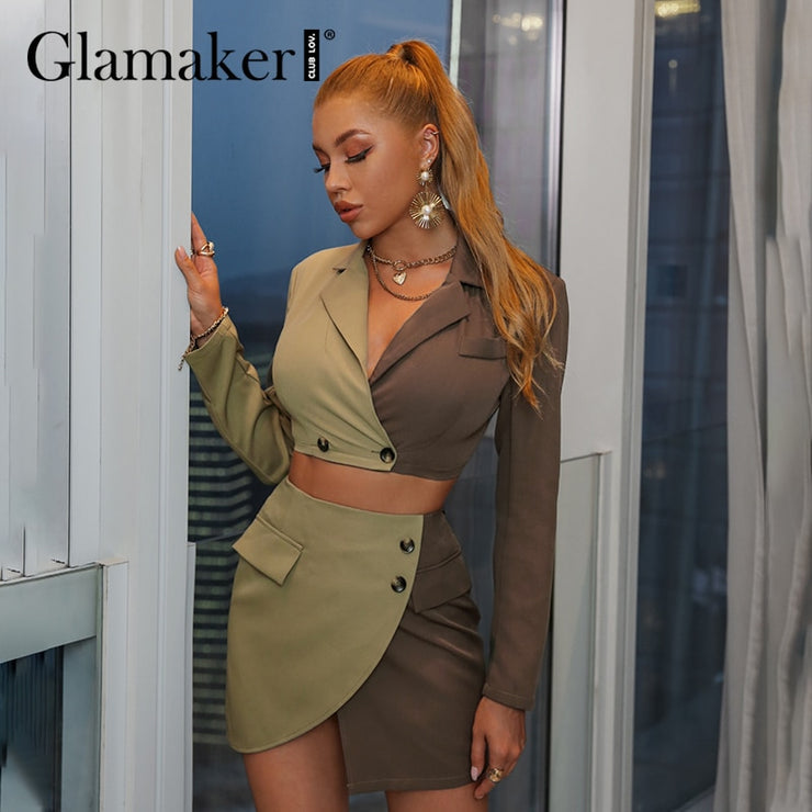 Glamaker Sexy patchwork 2 piece sets Autumn Irregular design crop top and A-line skirt Women's elegant sets blazer suits winter