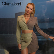 Glamaker Sexy patchwork 2 piece sets Autumn Irregular design crop top and A-line skirt Women's elegant sets blazer suits winter