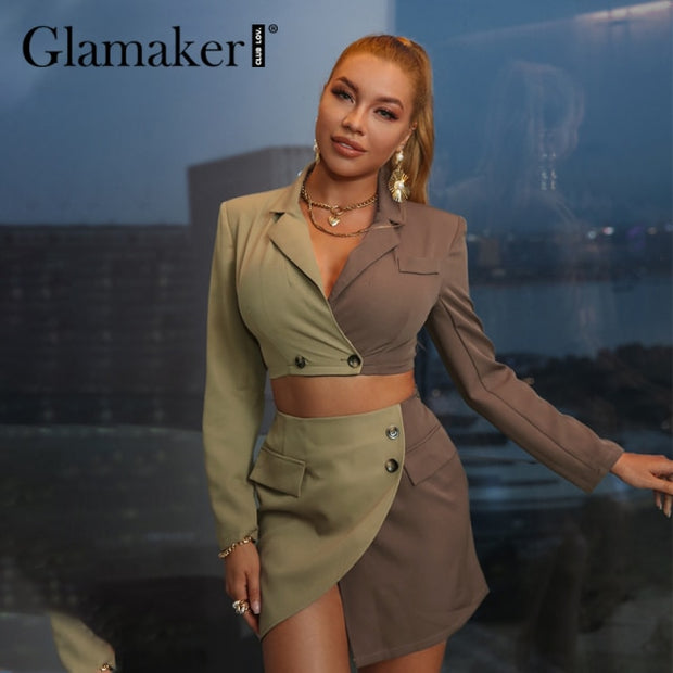 Glamaker Sexy patchwork 2 piece sets Autumn Irregular design crop top and A-line skirt Women's elegant sets blazer suits winter