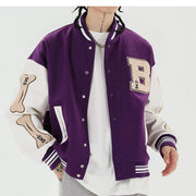 Men Baseball Jacket Hip Hop Harajuku Embroidery Bone Letter Patchwork Bomber Coat Fashion High Street Casual Loose Jacket Unisex