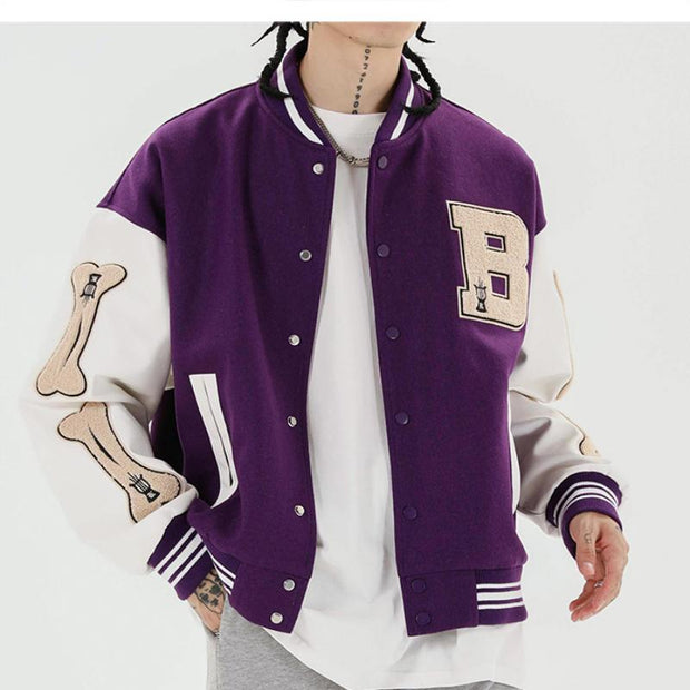 Men Baseball Jacket Hip Hop Harajuku Embroidery Bone Letter Patchwork Bomber Coat Fashion High Street Casual Loose Jacket Unisex