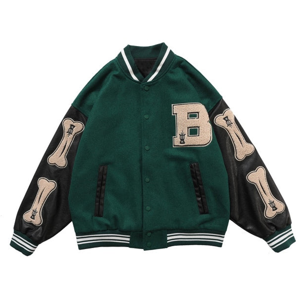 Men Baseball Jacket Hip Hop Harajuku Embroidery Bone Letter Patchwork Bomber Coat Fashion High Street Casual Loose Jacket Unisex