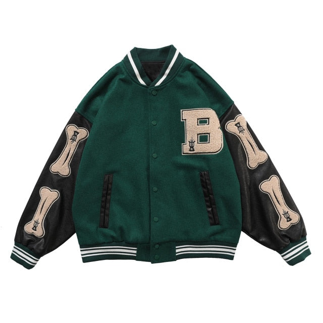 Men Baseball Jacket Hip Hop Harajuku Embroidery Bone Letter Patchwork Bomber Coat Fashion High Street Casual Loose Jacket Unisex